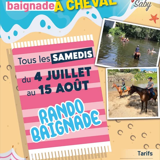 Post Instagram Écurie Morgane Saby — affiche Rando baignade à cheval, tous les samedis du 4 juillet au 15 août